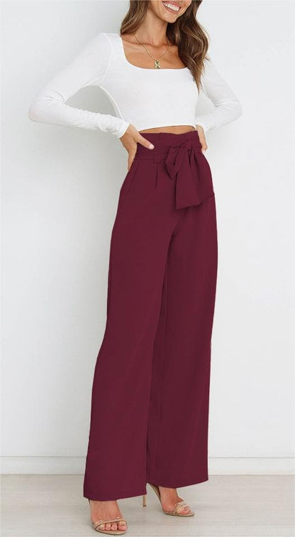 Pantalones casuales de cintura alta con lazo y cordones de color liso a la moda para mujer