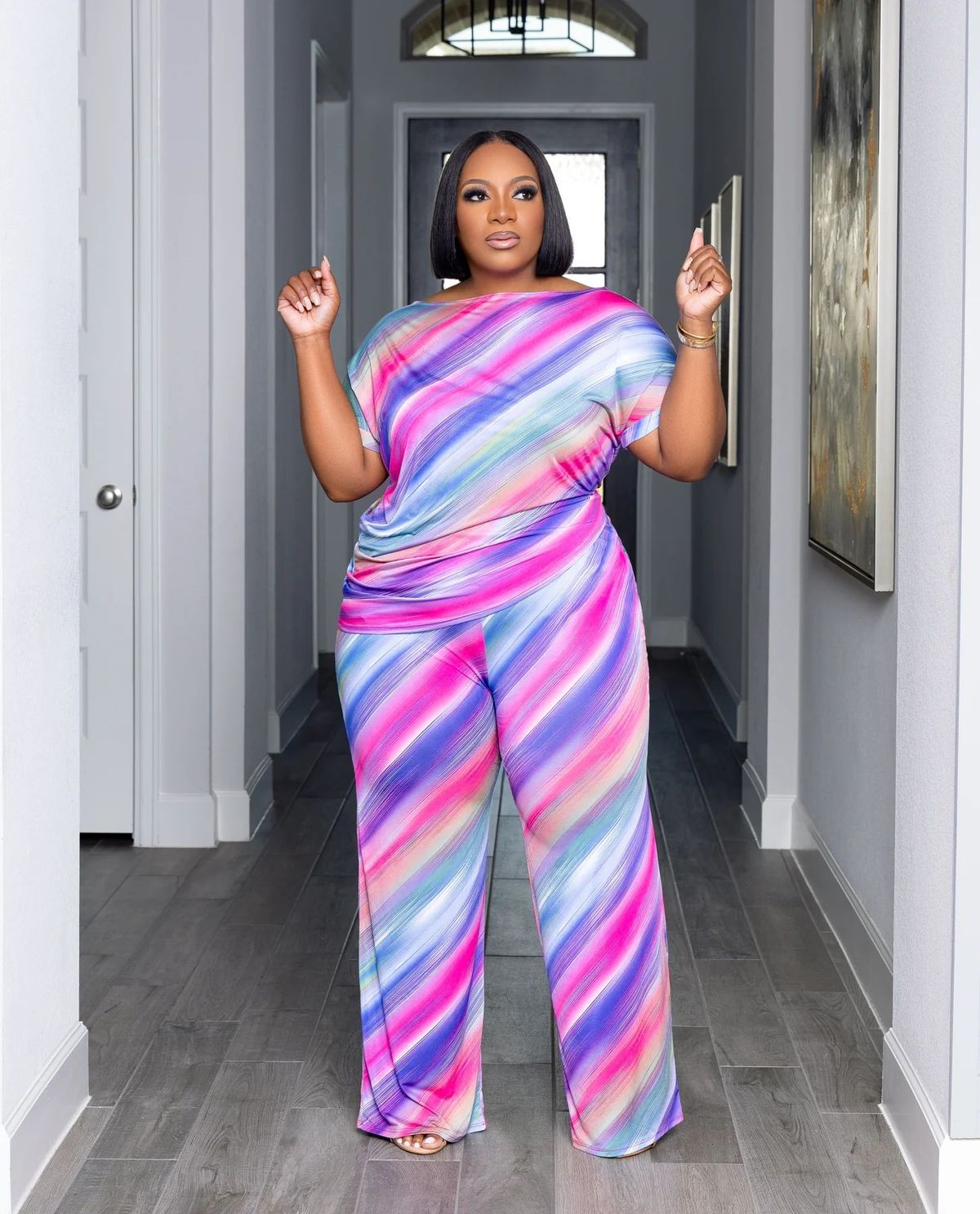 Women Fashion Casual Plus Size Color Block Printed Round Neck Short Sleeve Top Wide Leg Pants Two-Piece Set