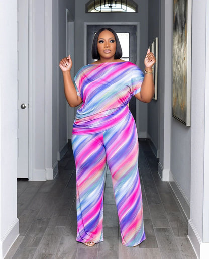 Women Fashion Casual Plus Size Color Block Printed Round Neck Short Sleeve Top Wide Leg Pants Two-Piece Set
