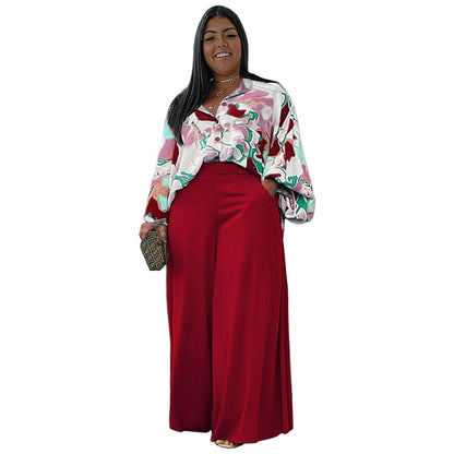 Conjunto de dos piezas para mujer, camisa de manga larga holgada, informal, estampada, de talla grande y pantalones anchos de color liso.