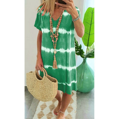 Women Casual Tie Dye Short Sleeve Summer V Neck Loose Bohemian Beach Dress