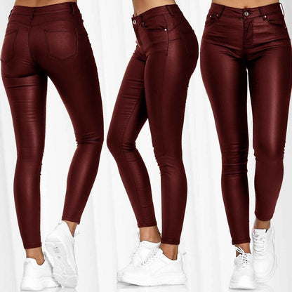 Women Spring Solid Color PU Leather Casual Pants