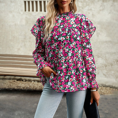 Blusa informal de manga larga con volantes y estampado para mujer