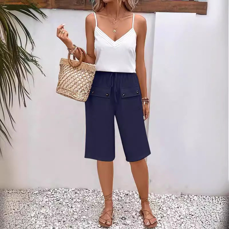 Summer Women Casual Loose Drawstring Lace-Up Button Shorts