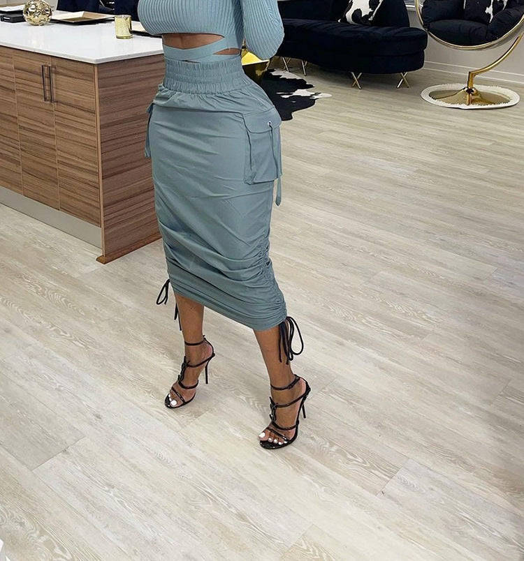 Women Casual Edgy Solid Color High Waist Pocket Drawstring Skirt