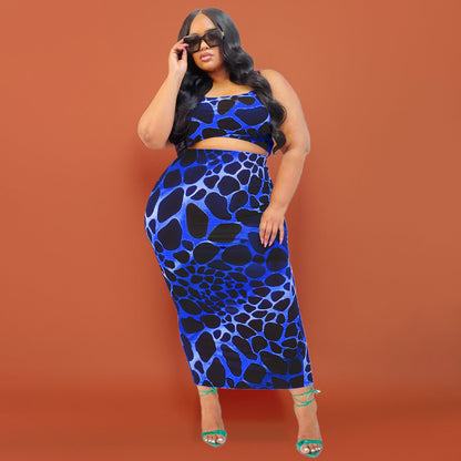 Conjunto de dos piezas de camiseta sin mangas con estampado de leopardo y falda ajustada con estampado integral para mujer, talla grande, informal
