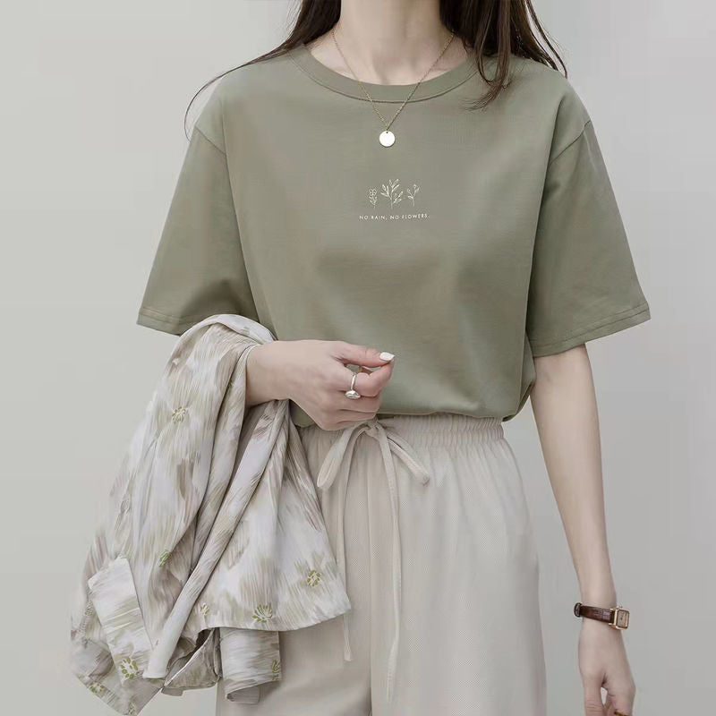 Camiseta informal de verano para mujer con estampado de plantas, cuello redondo y manga corta