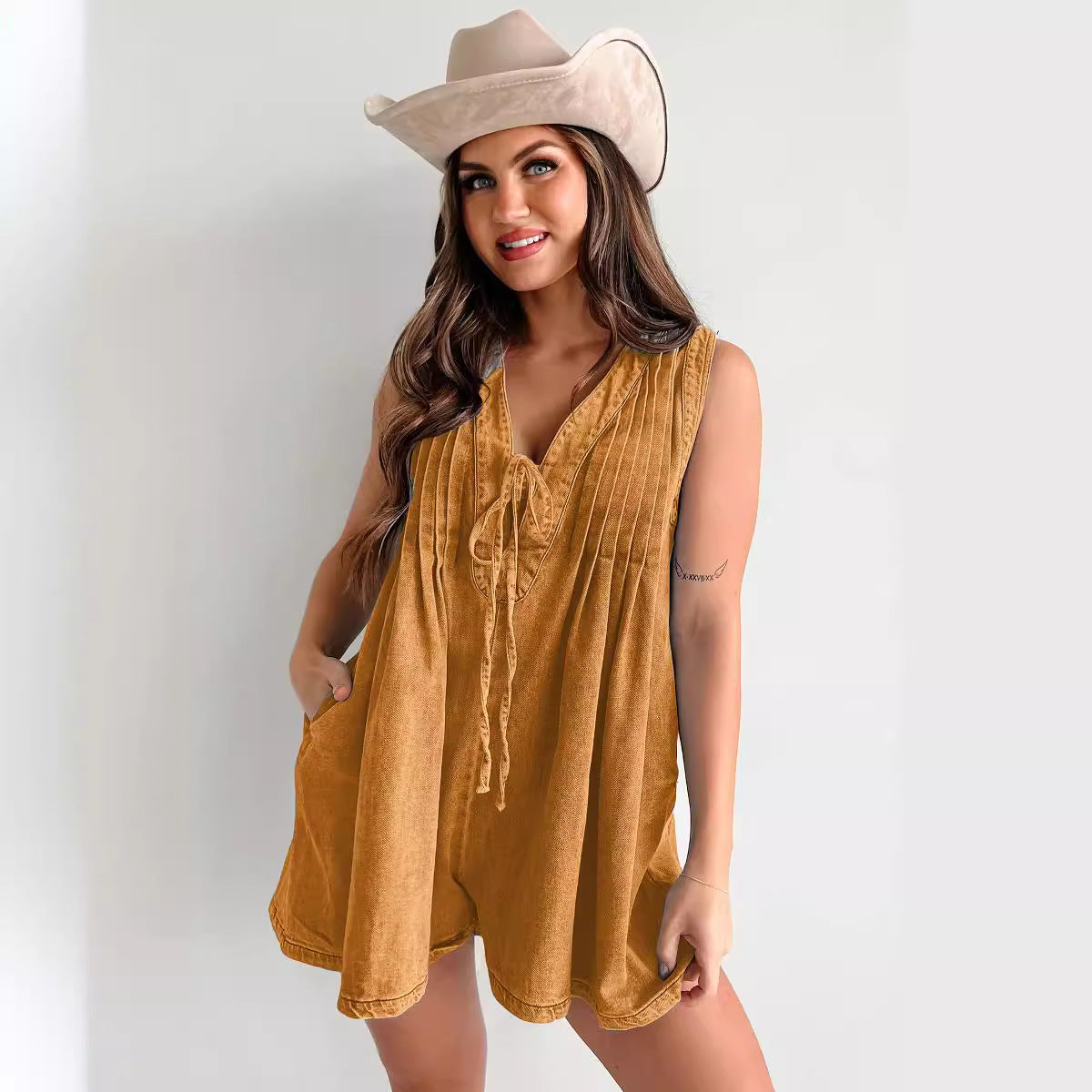 Women Fashion Casual Solid Color V-Neck Sleeveless Loose Denim Rompers