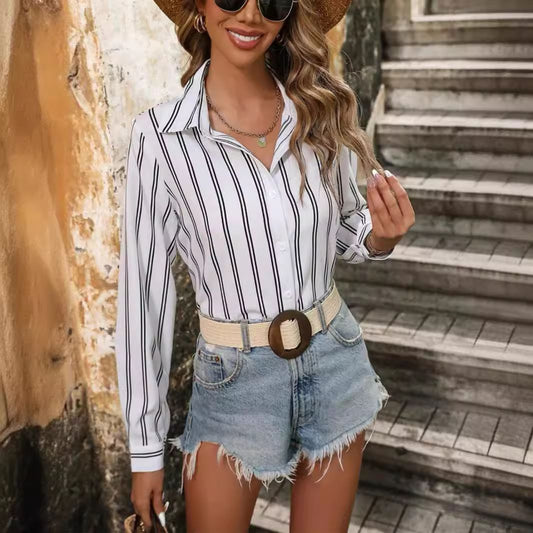 Blusa informal holgada de manga larga con solapa y rayas para mujer