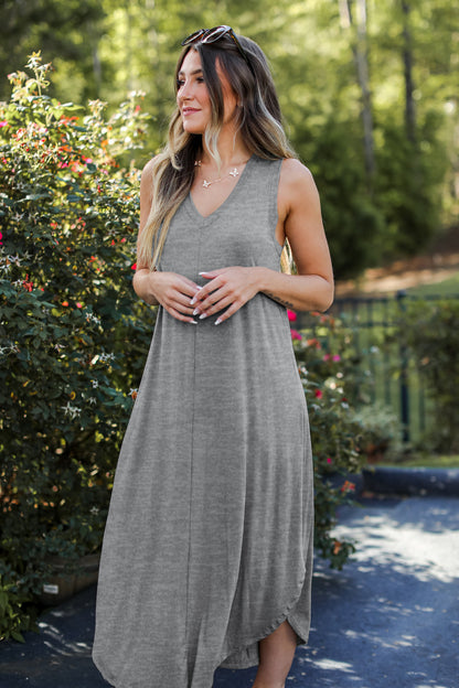Summer Women'S Solid Color Casual V-Neck Sleeveless Tank Dress