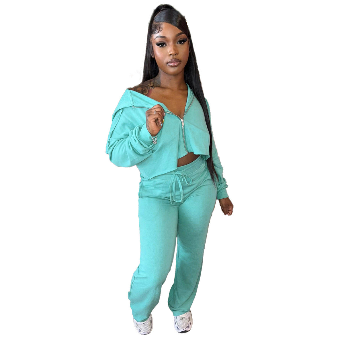Women Fashion Casual Solid Color Long Sleeve Zipper Hoodies Drawstring Pants Two-Piece Set