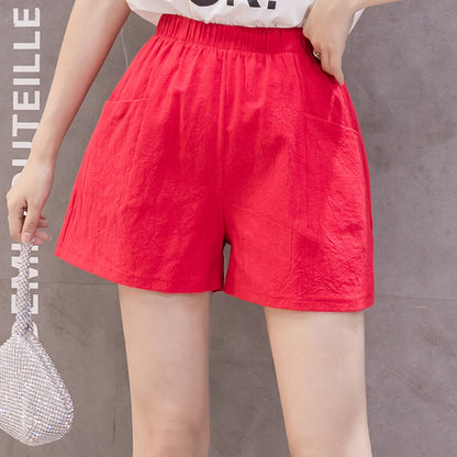 Women Fashion Casual Solid Color Cotton Linen High Waist Shorts