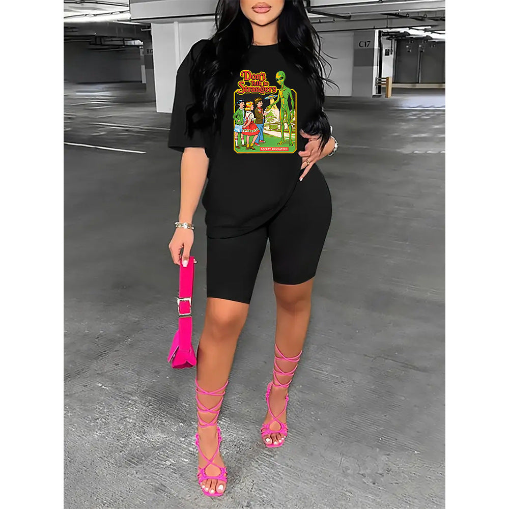 Conjunto deportivo de dos piezas para mujer, talla grande, informal, deportivo, con estampado gráfico, camiseta y pantalones cortos