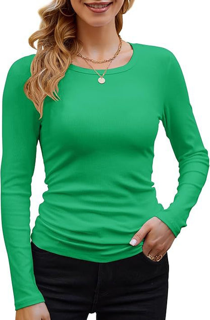 Camiseta informal de manga larga con cuello redondo y ribete de color liso para mujer