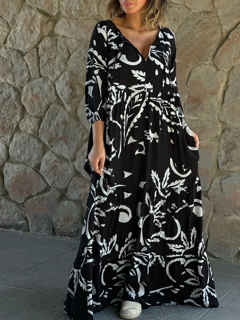 Women Casual Loose Graphic Printed V-Neck Plus Size Dress