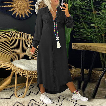 Women Fashion Casual Long Sleeve Lapel Single-Breasted Denim Dress