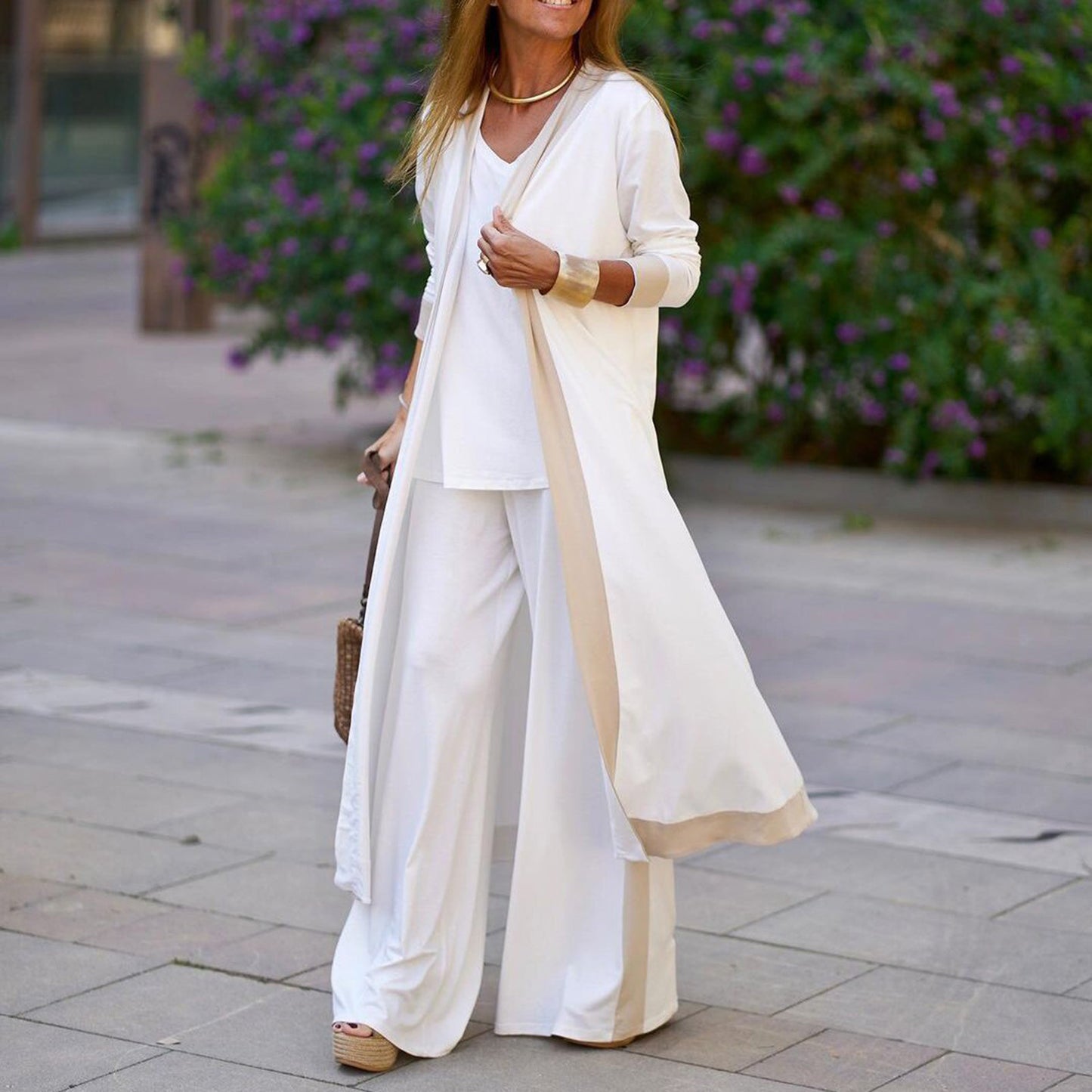 Conjunto de tres piezas para mujer: chaleco sin mangas de color liso y cárdigan informal de manga larga con chaqueta y pantalón