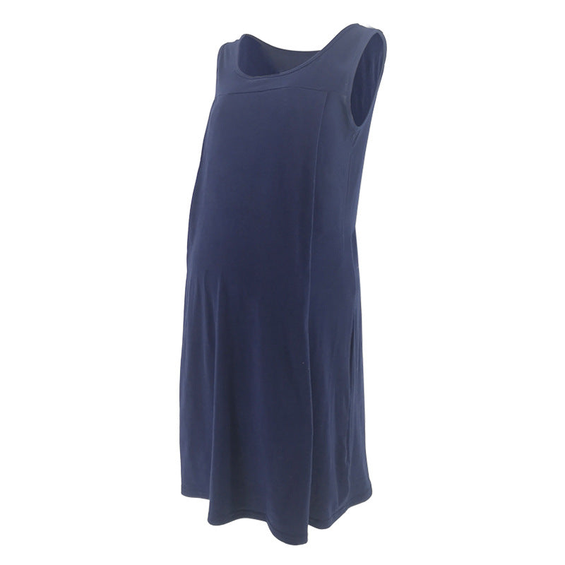 Pregnant Women Casual Loose Solid Color Sleeveless Breastfeeding Dress
