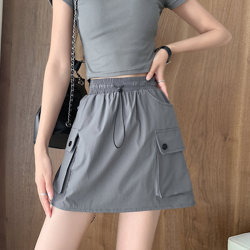 Summer Women Fashion Casual Solid Color High Waist Drawstring Skirt