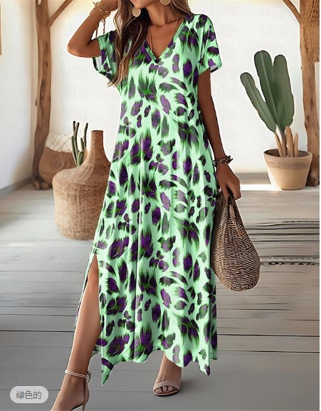 Women Casual Summer Graphic Feather Print Side Slit V-Neck Short Sleeve Regular Maxi Dress