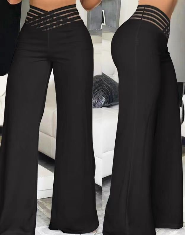Women Fashion Casual Solid Color Waist Crossed Wide Leg Pants