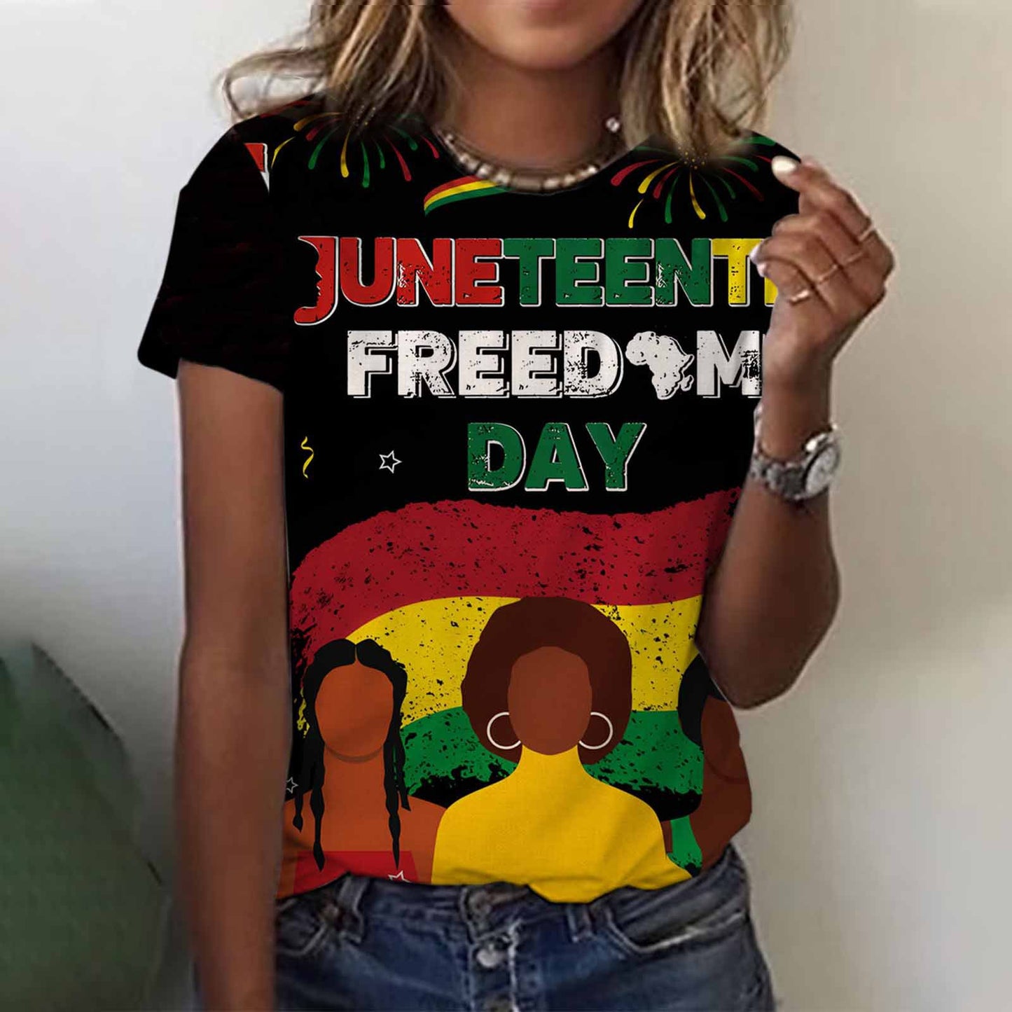 Camiseta informal de manga corta con cuello redondo para mujer, con estampado digital 3D del Día de la Liberación Negra de Juneteenth