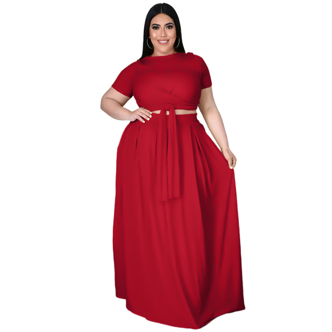Women Fashion Casual Plus Size Solid Color Cross Strap Short-Sleeve Top Loose Skirt Two-Piece Set