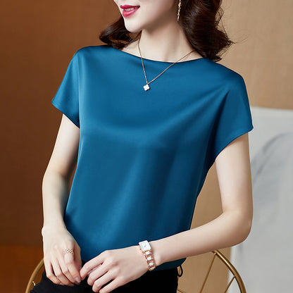 Blusa holgada informal de satén de color liso de manga corta para oficina de verano para mujer