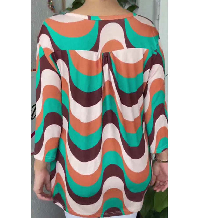 Camisa informal de verano para mujer, de manga larga, con estampado floral y ondas, talla grande