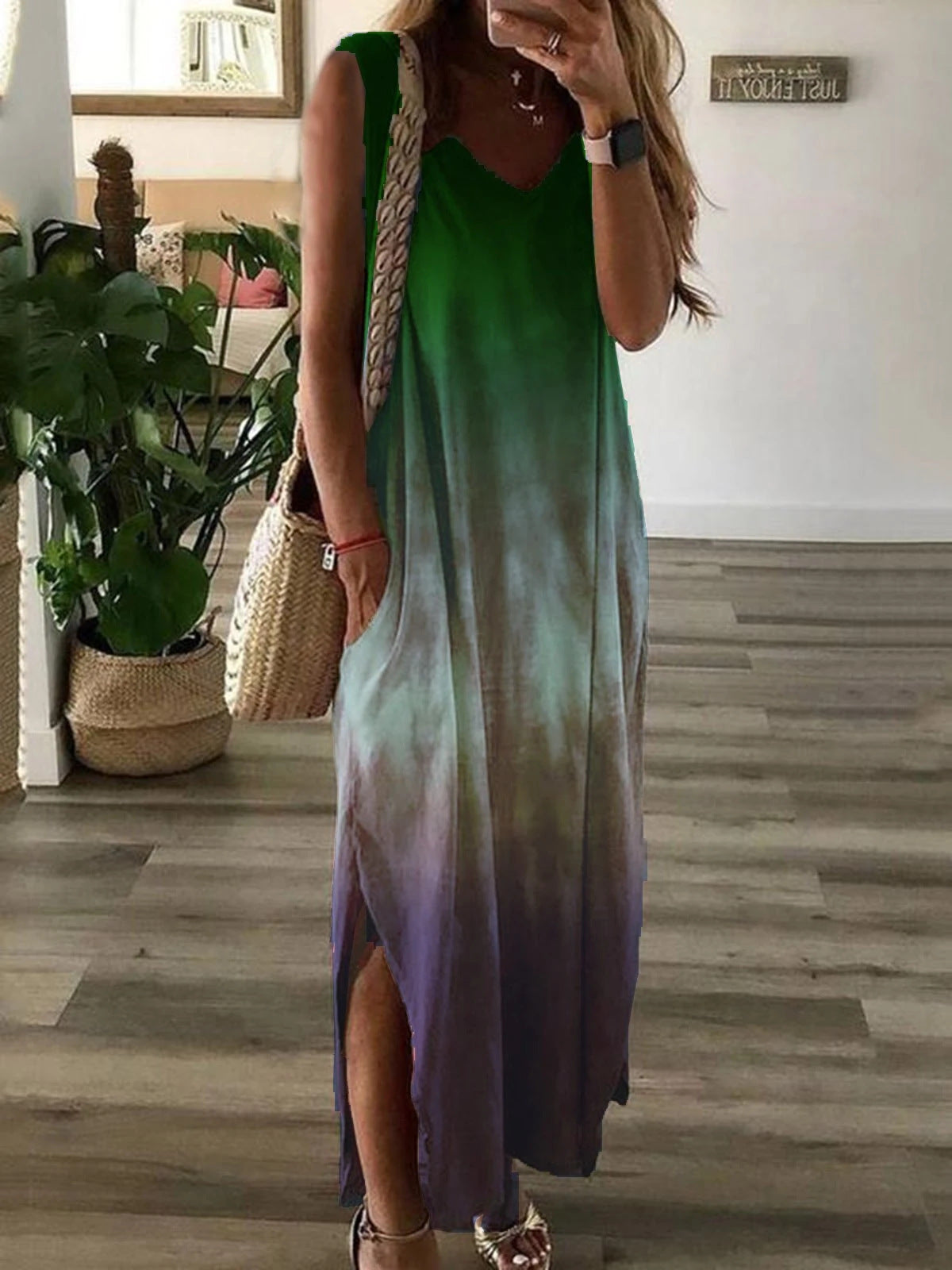 Summer Women V-Neck Gradient Color Tie-Dye Printing Non-Sleeve Casual Maxi Dress
