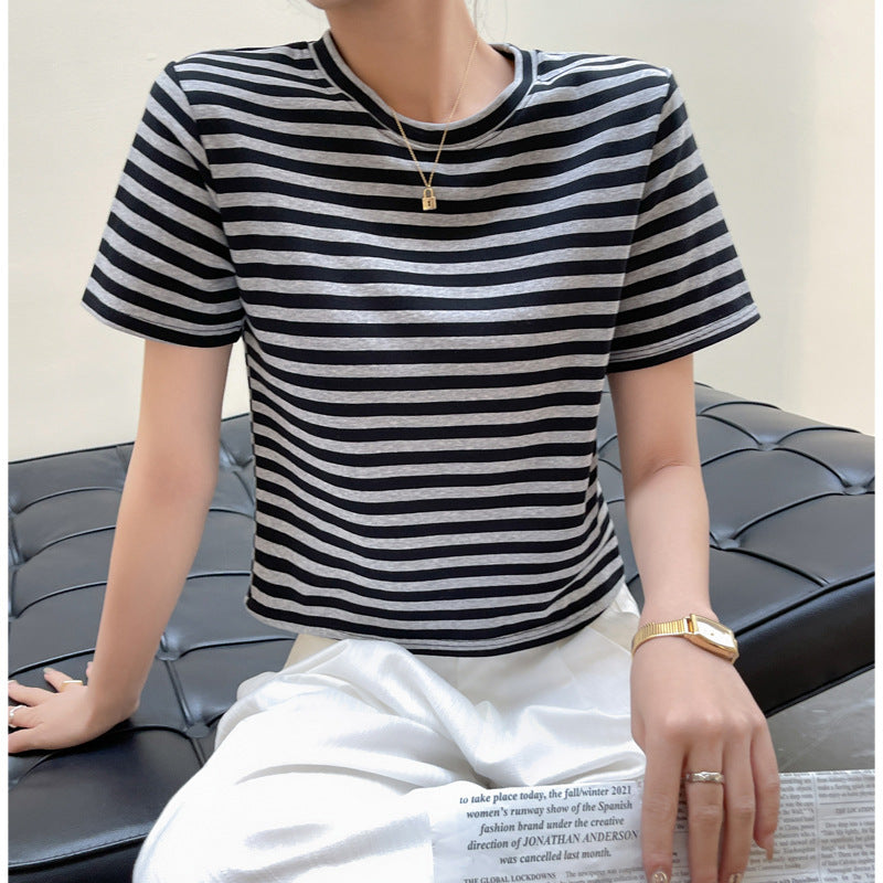 Camiseta informal de verano para mujer, con rayas, cuello redondo y manga corta