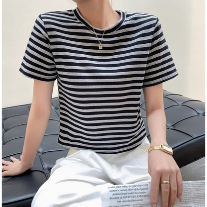 Camiseta informal de verano para mujer, con rayas, cuello redondo y manga corta