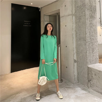 Women Fashion Casual Solid Color Loose Round Neck Long Sleeve Dress