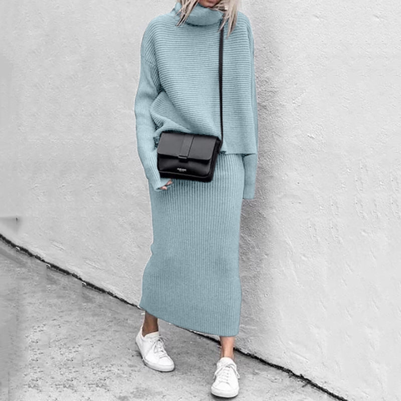 Conjunto de dos piezas informal holgado de cuello alto y manga larga para mujer, de punto liso, para invierno y otoño