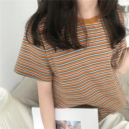 Camiseta básica informal de verano a rayas de manga corta para mujer