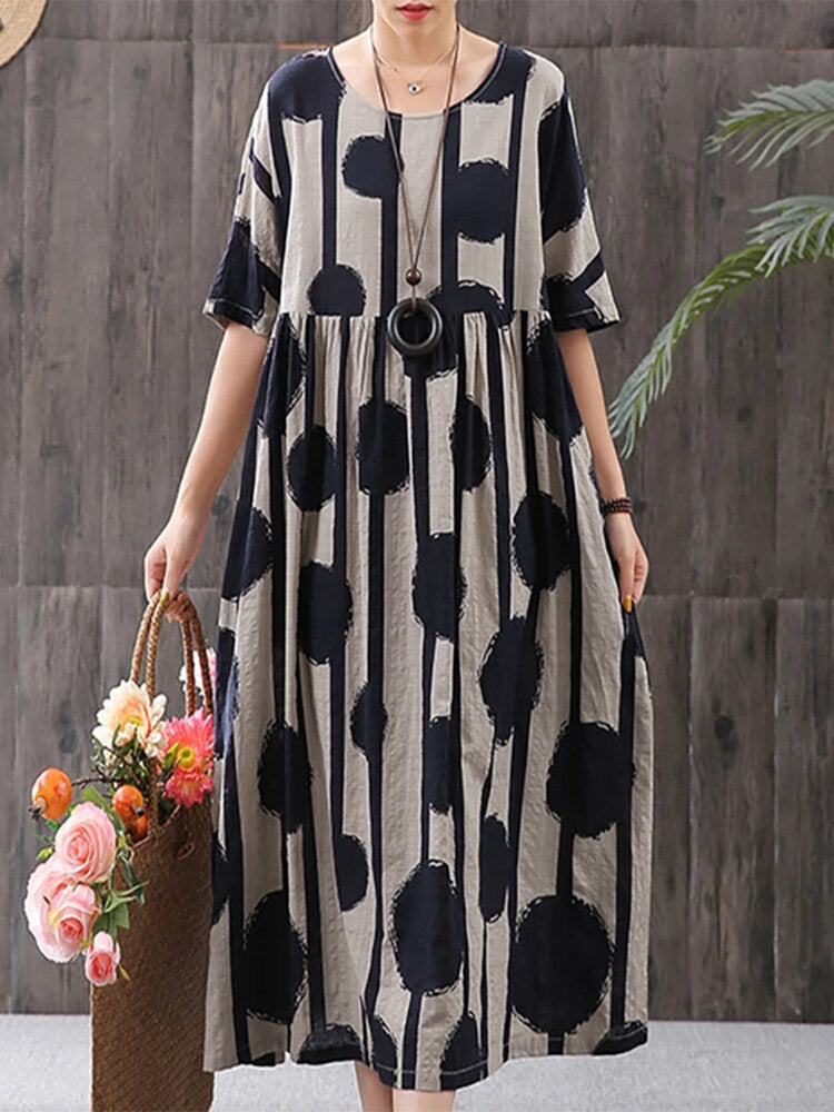 Women Casual Elegant Polka Dot Print Round Neck Short Sleeves Plus Size Loose Dress