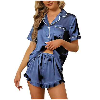 Conjunto de pijama de dos piezas para mujer, informal, de satén de seda, con mangas cortas y cuello en V, pantalones cortos con volantes