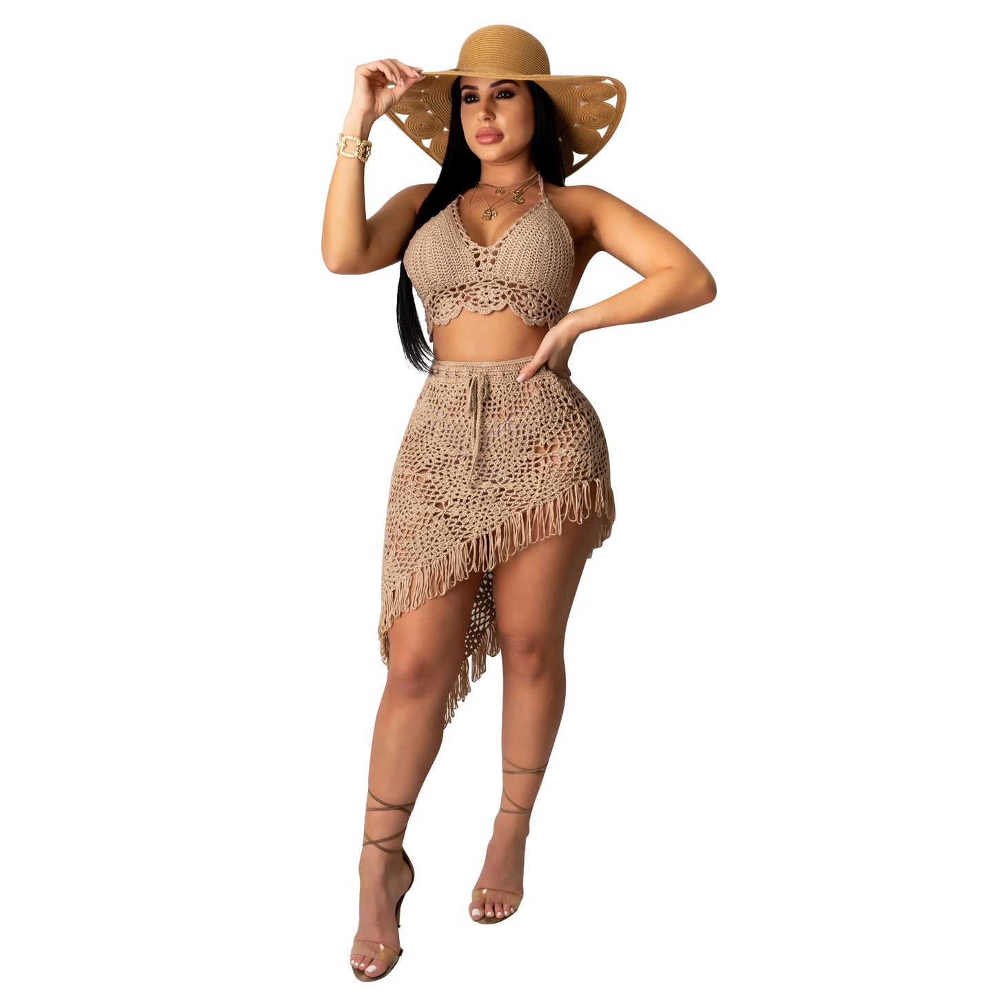 Traje de baño de dos piezas con borlas, informal, sexy y calado para mujer