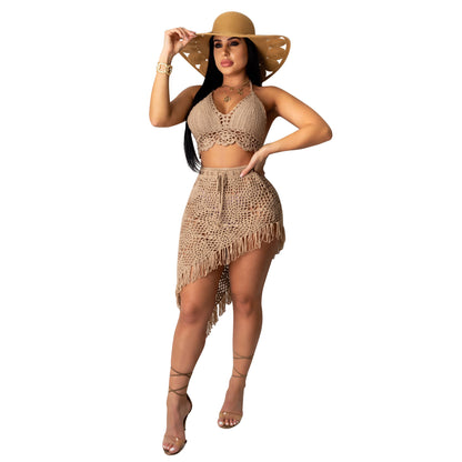 Traje de baño de dos piezas con borlas, informal, sexy y calado para mujer