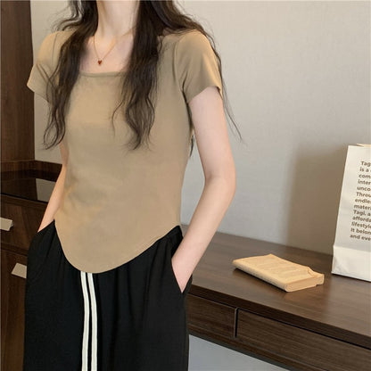 Camiseta informal de manga corta con cuello en U y color liso para mujer