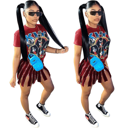 Women Edgy Creativw Casual Graphic Printed Short Sleeves Round Neck Zipper Dress