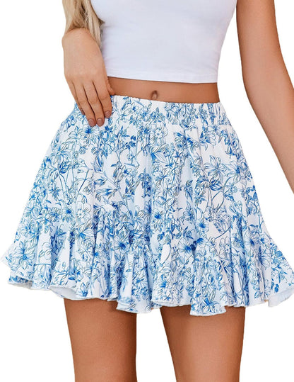Women Fashion Casual Floral Printed Ruffled Skirt