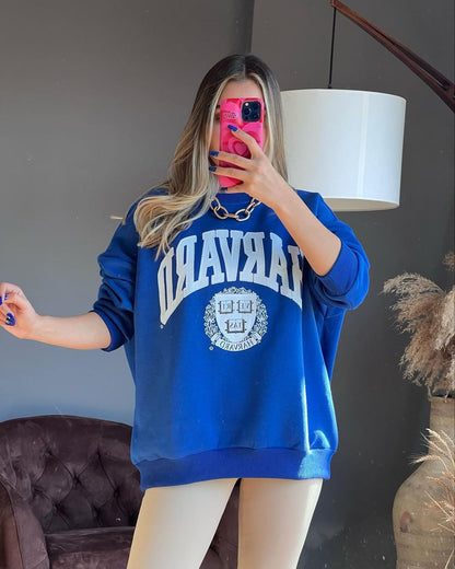 Sudadera de manga larga con cuello redondo y estampado de letras y nombre de ciudad para mujer, informal, de invierno