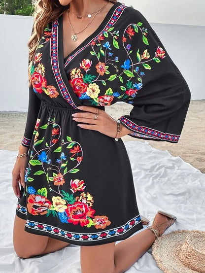 Vestido cruzado con mangas acampanadas y estampado floral bohemio vintage informal a la moda para mujer