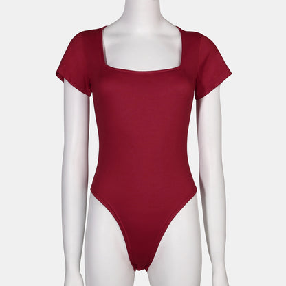 Women Fashion Casual Square Collar Tight Basic Solid Color Slim-Fit Plus Size Short-Sleeve Bodysuit