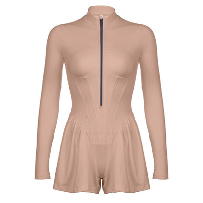 Women Fashion Casual Solid Color Zipper Plastic Waist Rompers