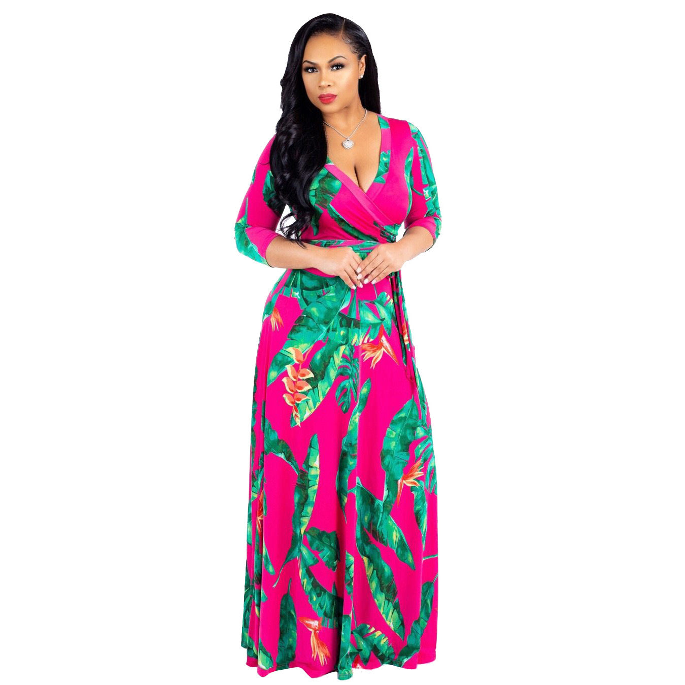 Women Fashion Casual Printed V-Neck Long Sleeve Dress