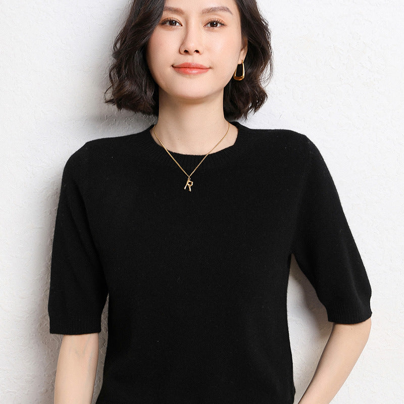 Spring And Summer Women Solid Color Casual Versatile Knitted Short-Sleeved Round Neck Knitwear Sweater