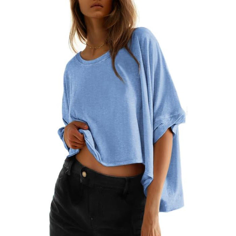 Camiseta informal holgada de manga corta con cuello redondo y estampado de murciélago para mujer