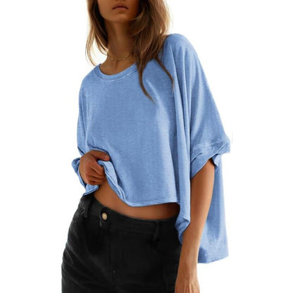 Camiseta informal holgada de manga corta con cuello redondo y estampado de murciélago para mujer